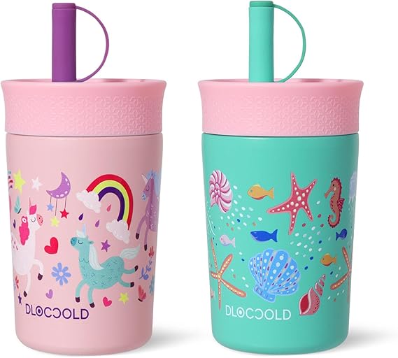 12 oz Insulated Stainless Steel Straw Tumbler, Reusable Sippy Cup With Leak-Proof Spill Resistant Flexible Straw Lid, Cups, Easy to Clean, Water Bottle, Great for Travel, Home (2 Pack)