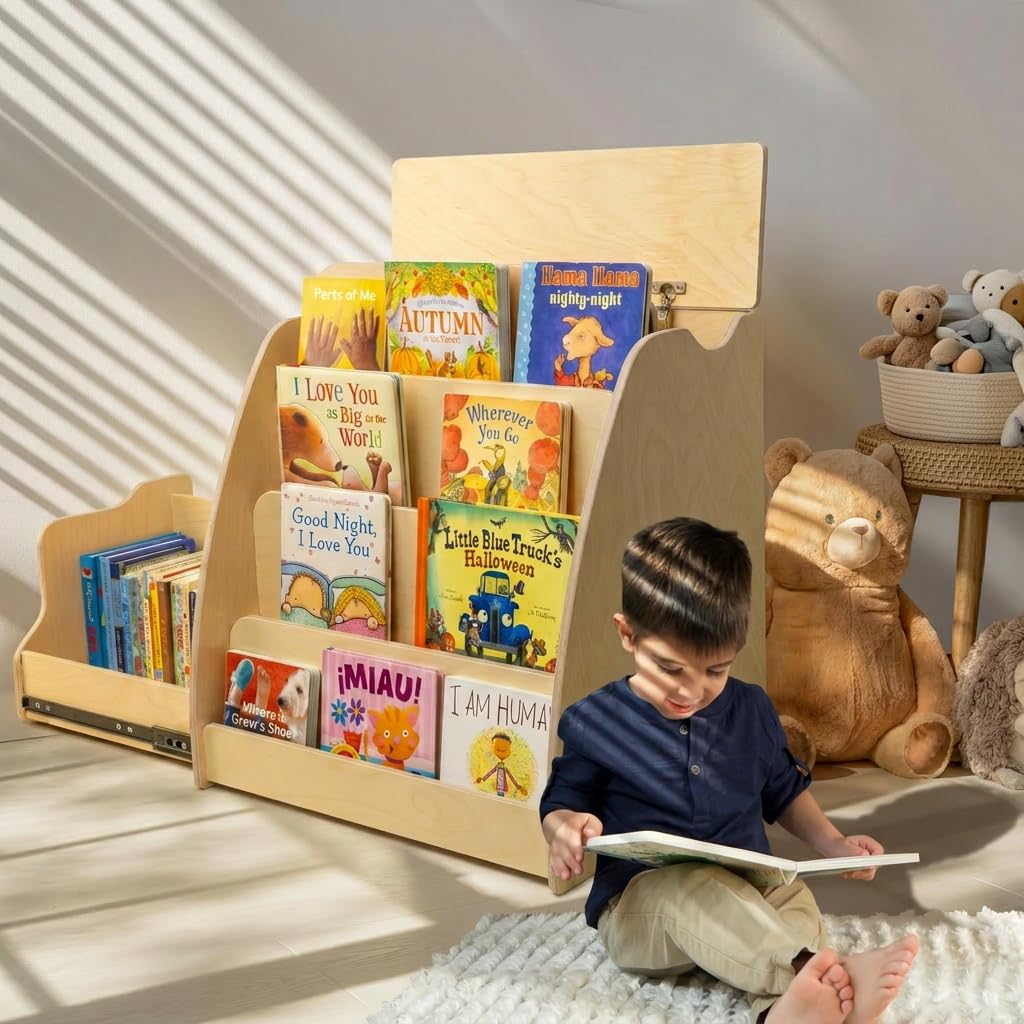 Montessori Bookshelf for Toddlers with Storage
