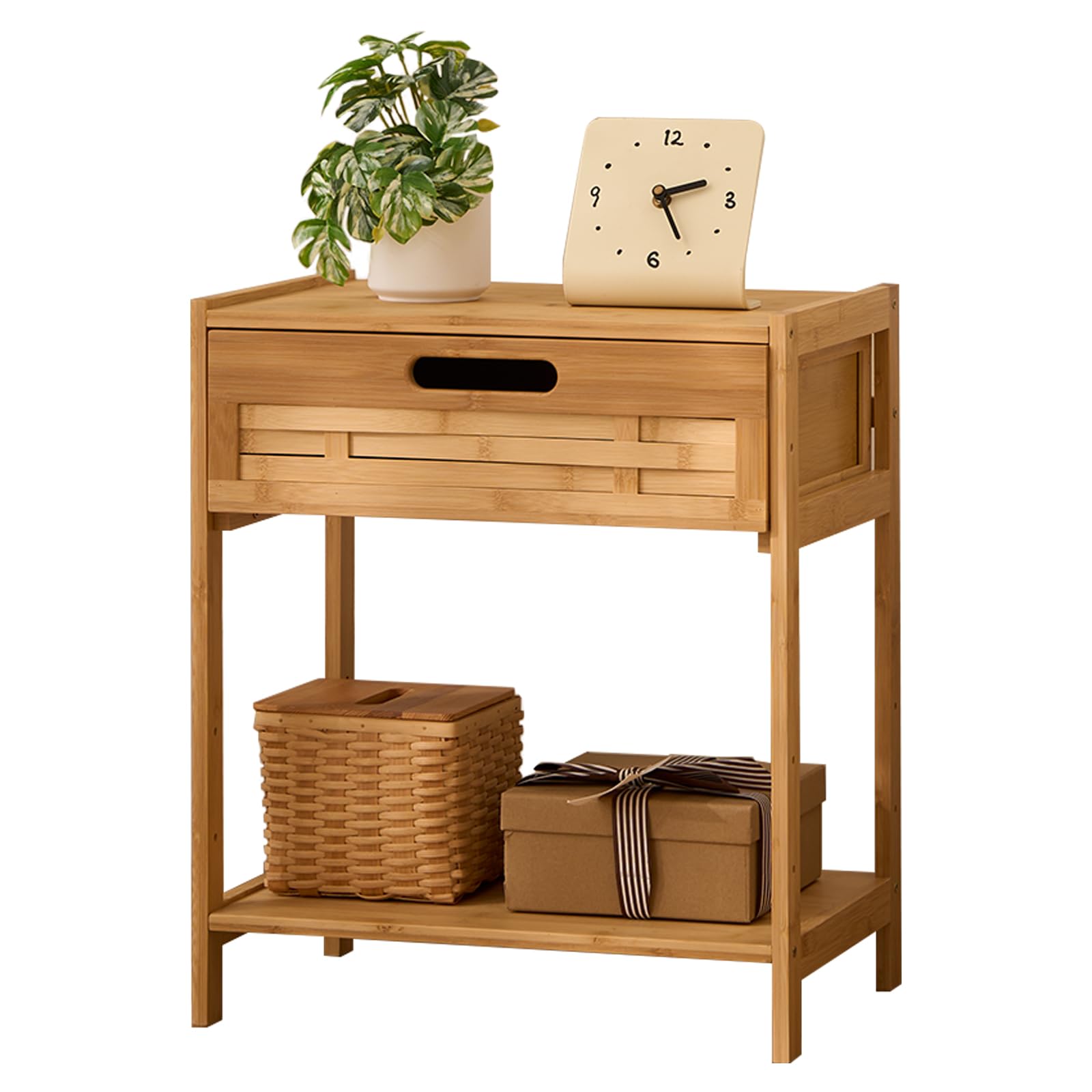 Bamboo Nightstand with Drawer and Storage Shelves