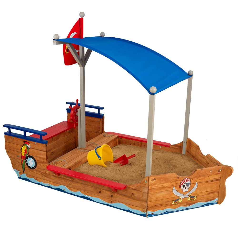 Wooden Pirate Sandbox with Canopy, Covered Children's Sandbox