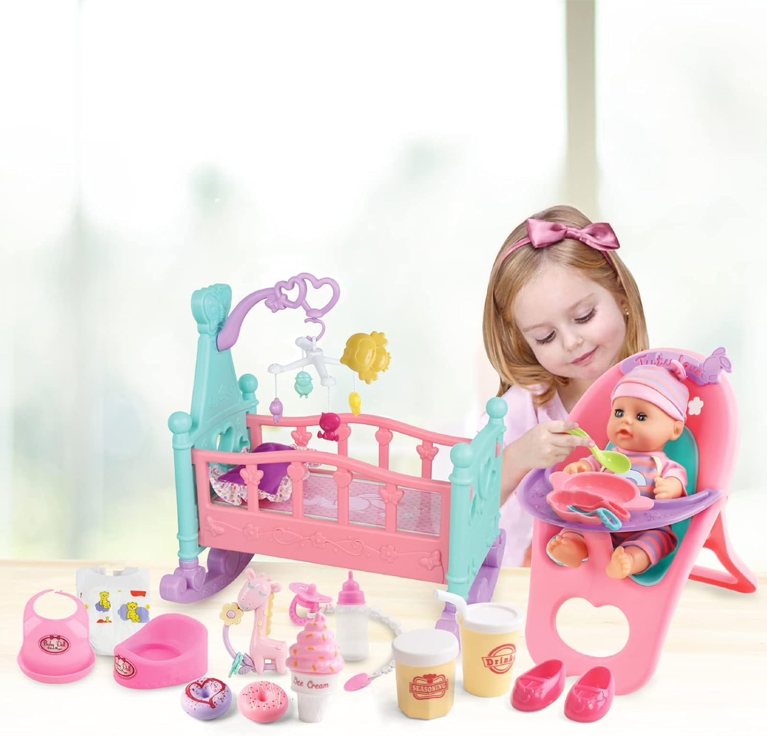 12” Baby Doll Play Set with Crib, Mobile, High Chair Feeding Accessories