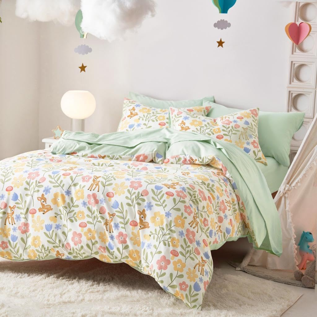Floral Bedding Set for Girls, Cute Colorful Botanical Flowers Deers Patterned