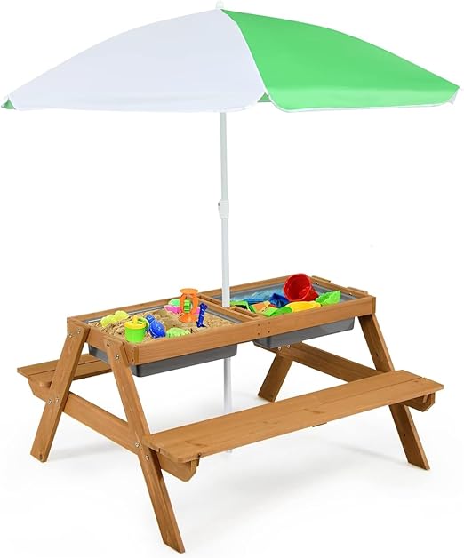 Kids Picnic Table, 4 in 1 Cedar Wooden Sand & Water Table w/ 3 Removable Box & Umbrella