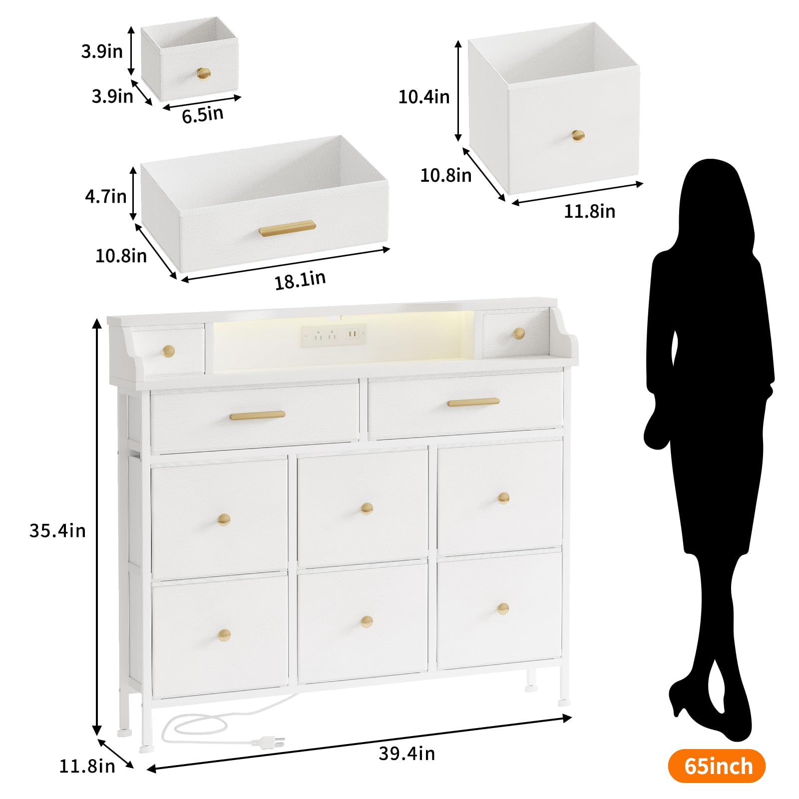 White Dresser with LED Lights and Charging Station