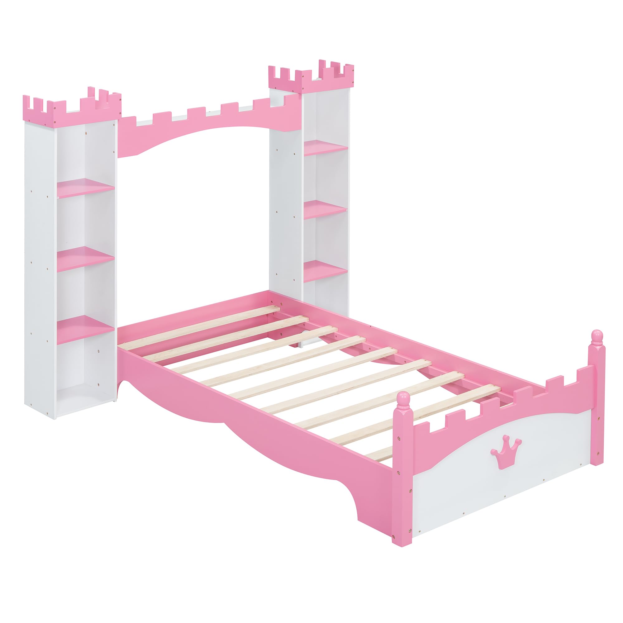 Castle-Shaped Wooden Bed Frame for Boys Girls Kids Adults Toddler with Storage Shelf