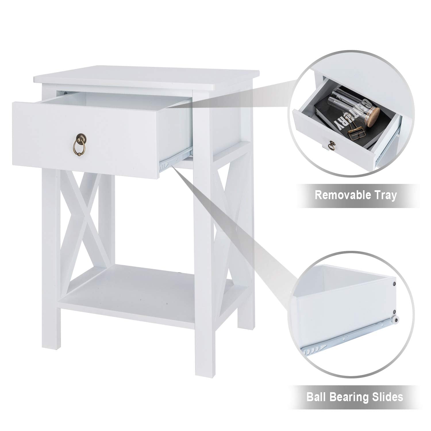 White Nightstand with Drawer and Shelf