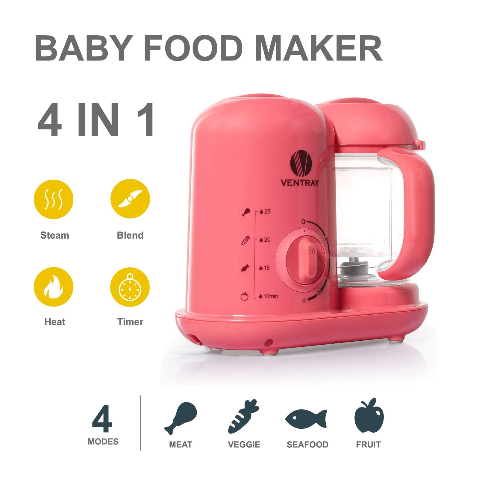 Ventray Baby Food Maker Steamer and Blender, Puree Food Processor for Baby Toddler, All-in-one Auto Cooking, Easy to Clean, BPA-Free - Pink