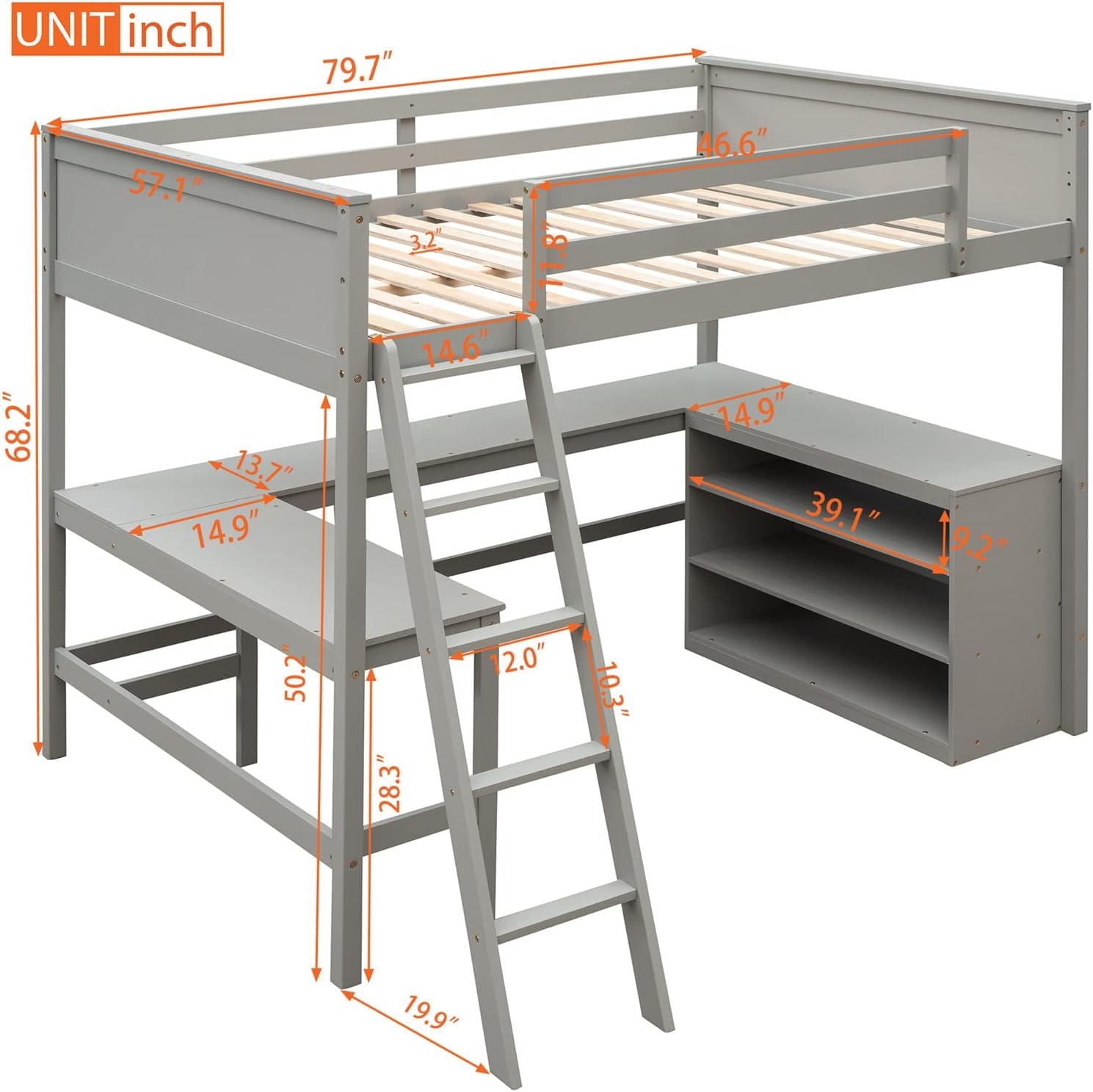 Full Loft Bed with Desk and Storage Shelves