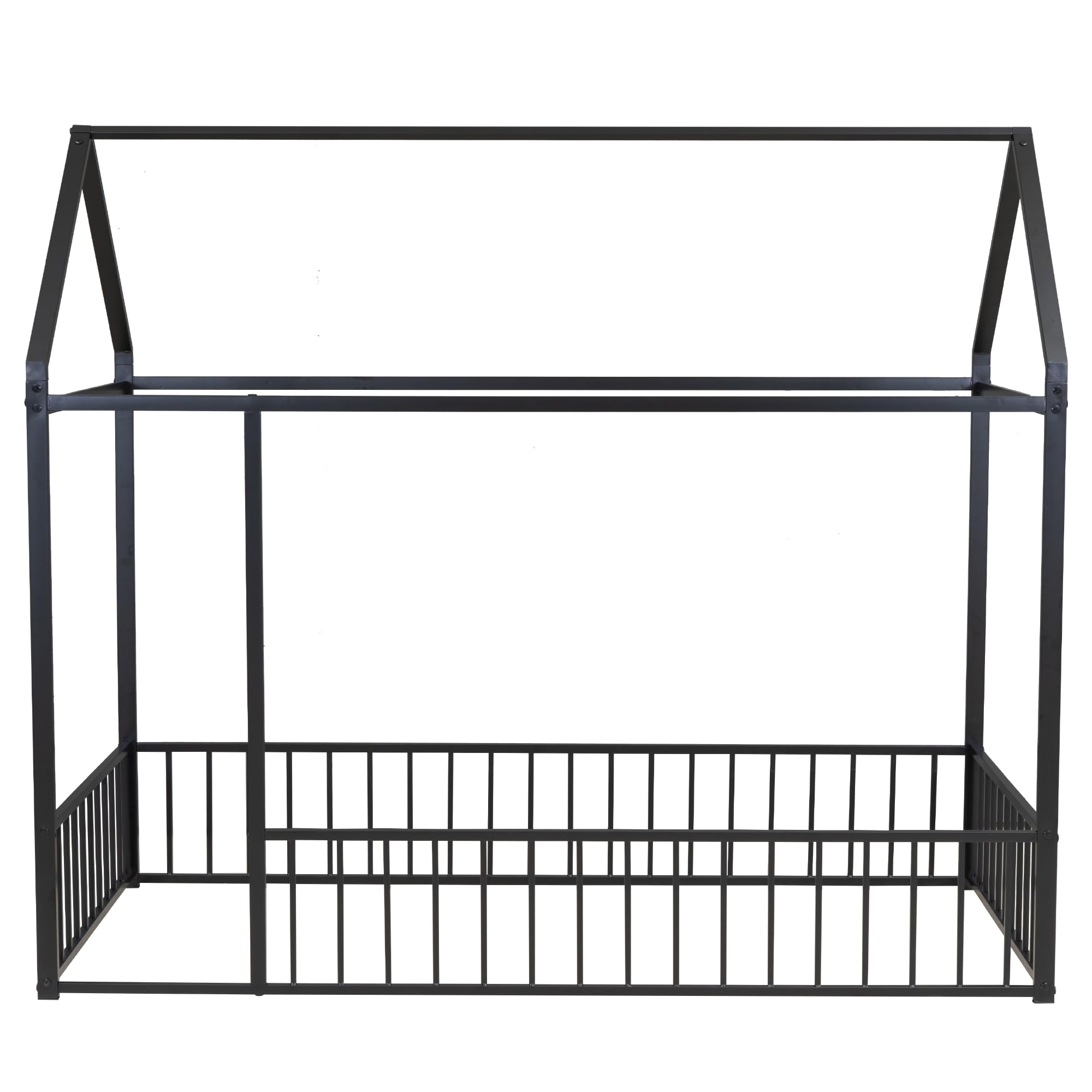 Twin Floor Bed Frame with Fence House Shaped Metal Montessori Bed