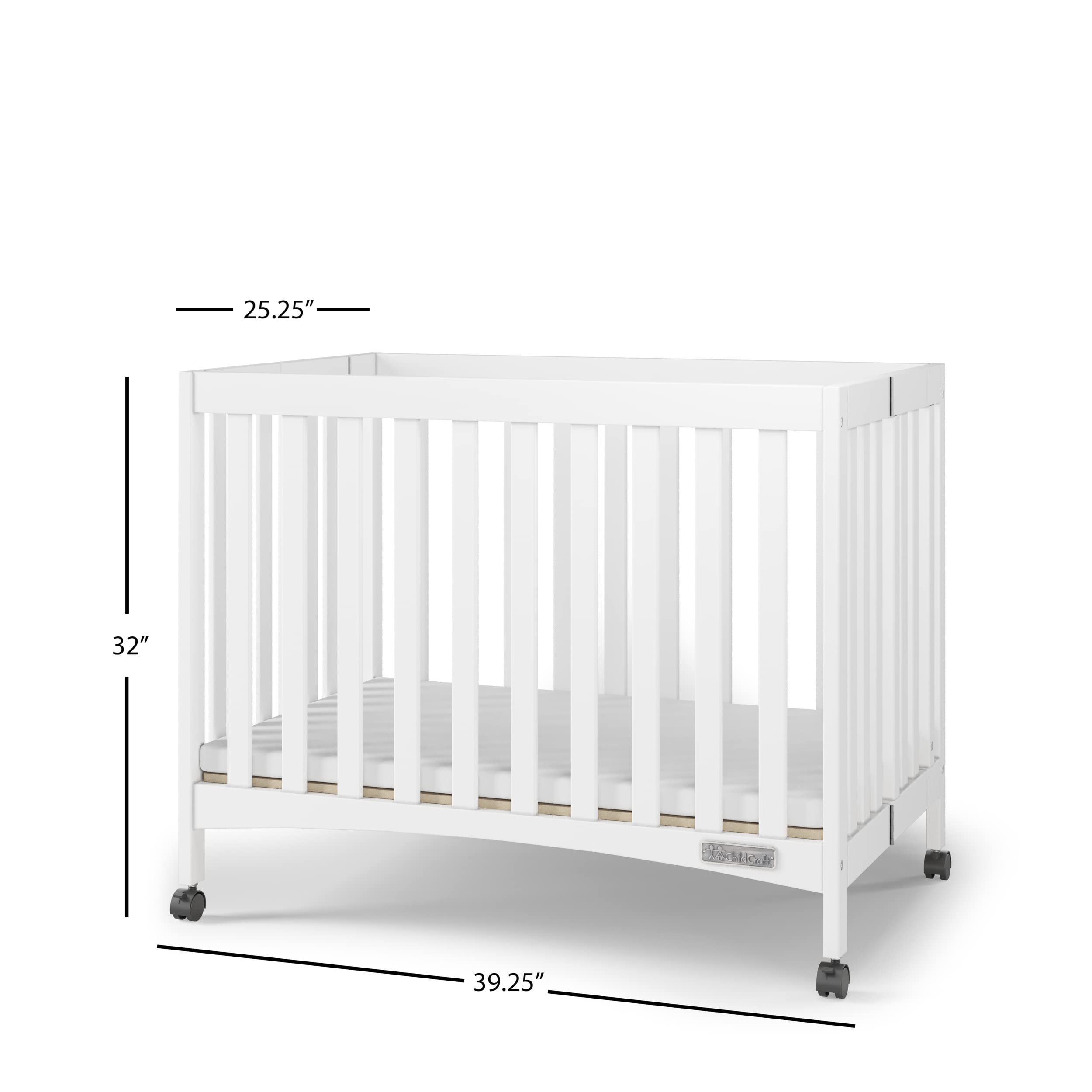 Mini Compact Folding Portable Crib with 2” Crib Mattress and 2 Easy Roll