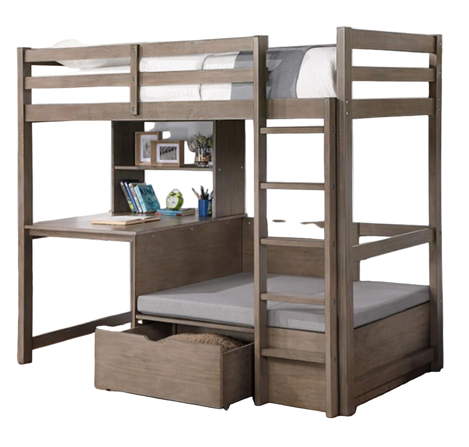 Loft Bed with Workstation and Storage, Twin Size, Warm Gray Wood Finish,