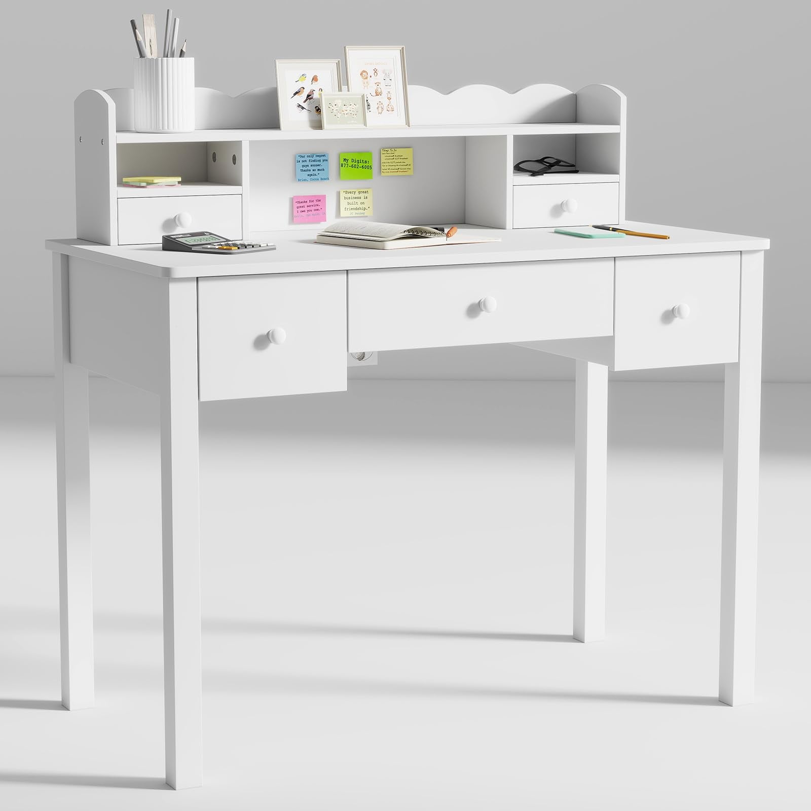 White Writing Desk with Hutch and Drawers 40 Inch