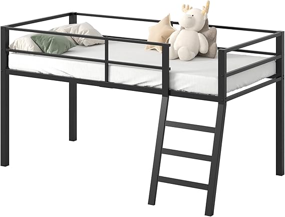 Loft Bed Twin Size, Low Junior Metal Twin Loft Bed with Stairs and Safety Guard