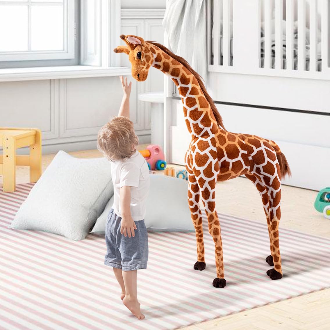 47” Large Giraffe Stuffed Animal Set, Giant Giraffe Plush Toys with Birds, Leaves, Basket
