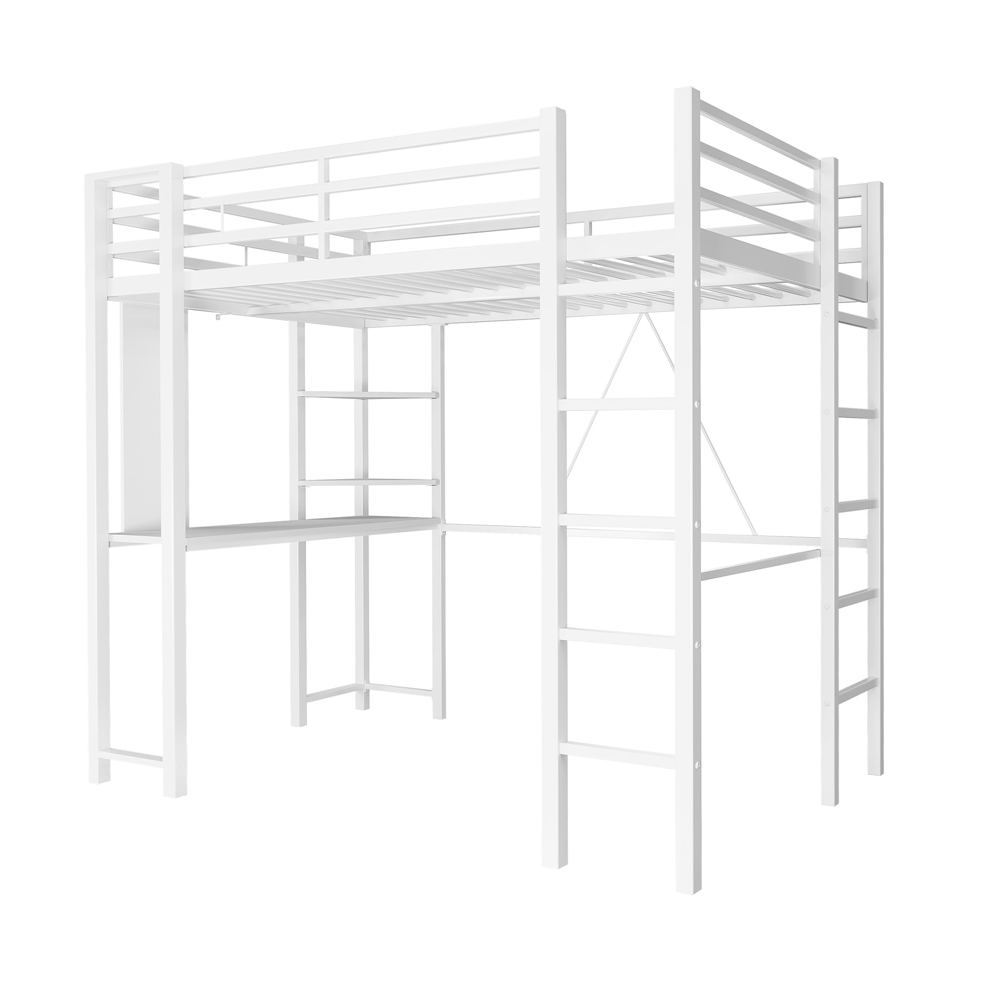 Full Size Loft Bed with Desk and Storage Shelves