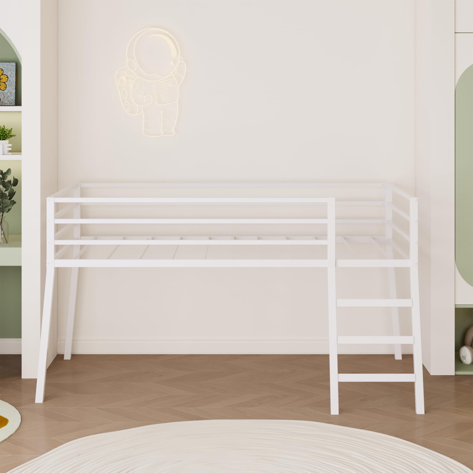 Twin Metal Loft Bed with Stairs and Safety Guardrails