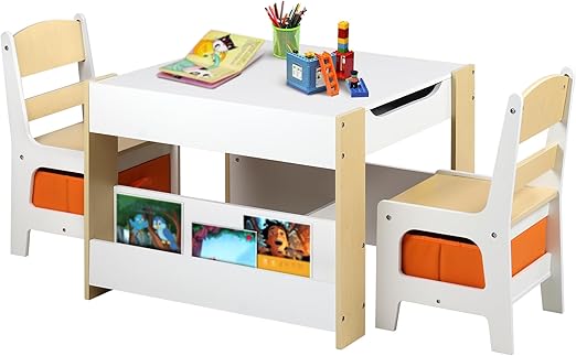 Kids Wood Table & 2 Chairs Set, 4 in 1 Children Activity Table w/Double Bookcase,