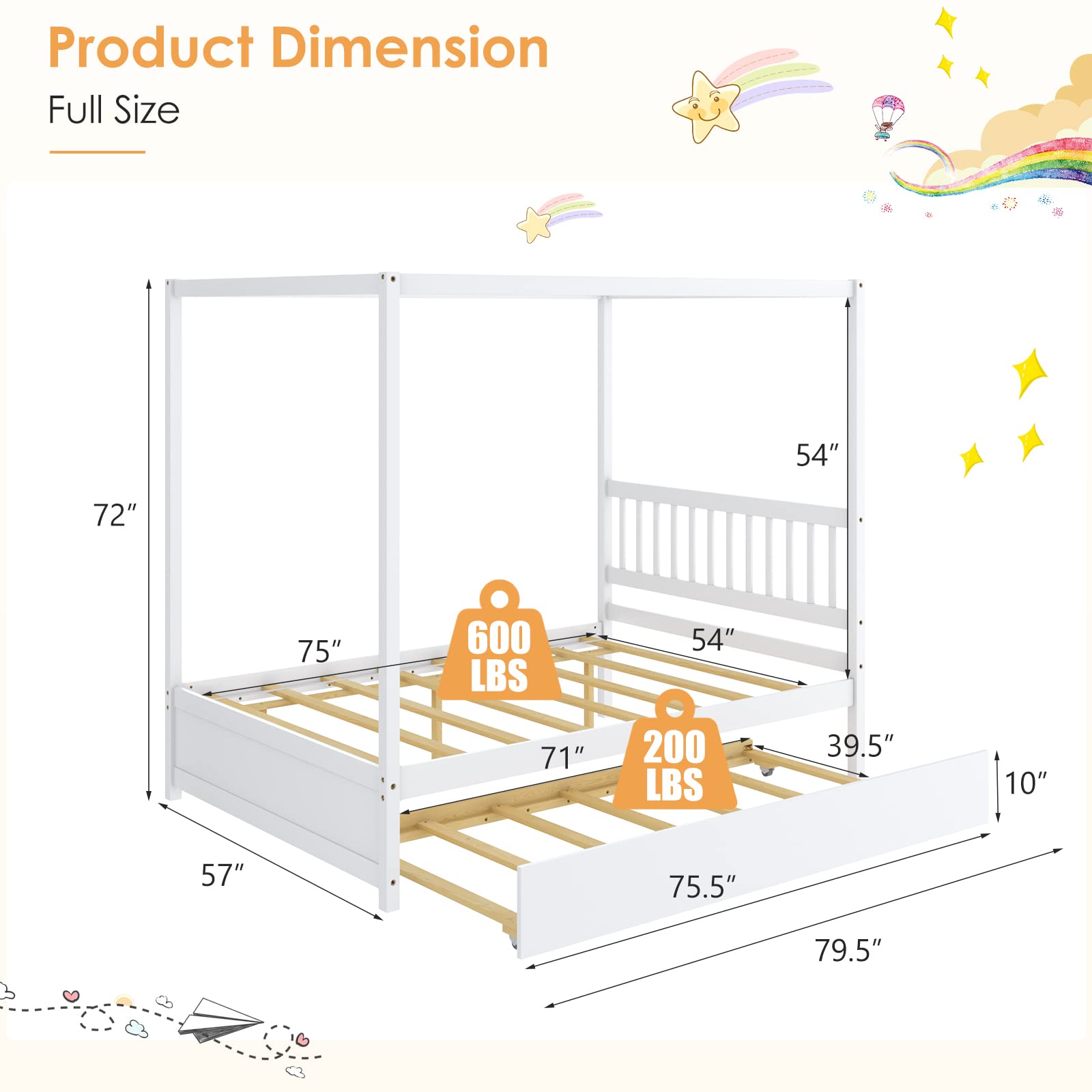 Full Size Canopy Bed with Trundle for Kids