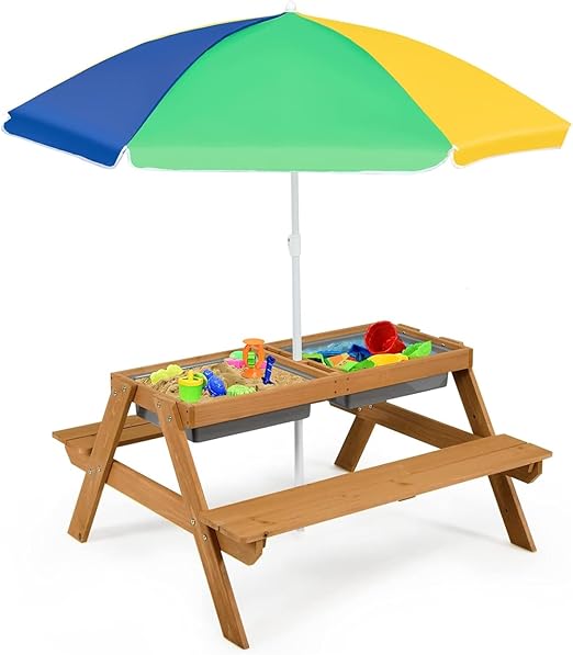 Kids Picnic Table, 4 in 1 Cedar Wooden Sand & Water Table w/ 3 Removable Box & Umbrella