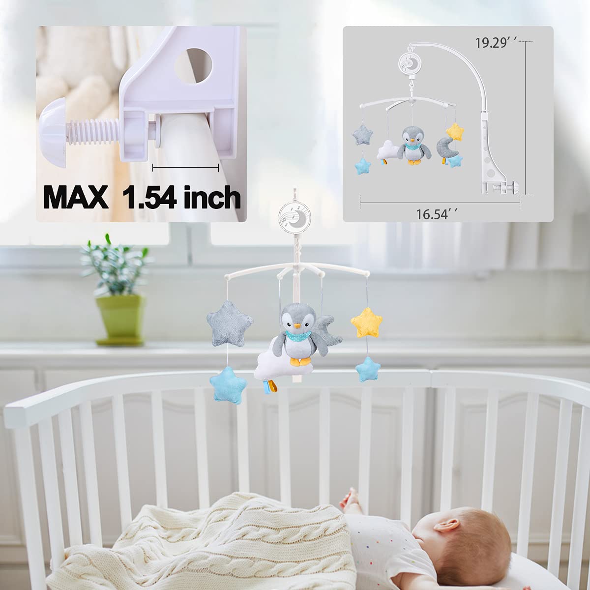 Baby Musical Mobile with Lullabies Music Box, Rotating Penguin Mobile Soother Crib Toy