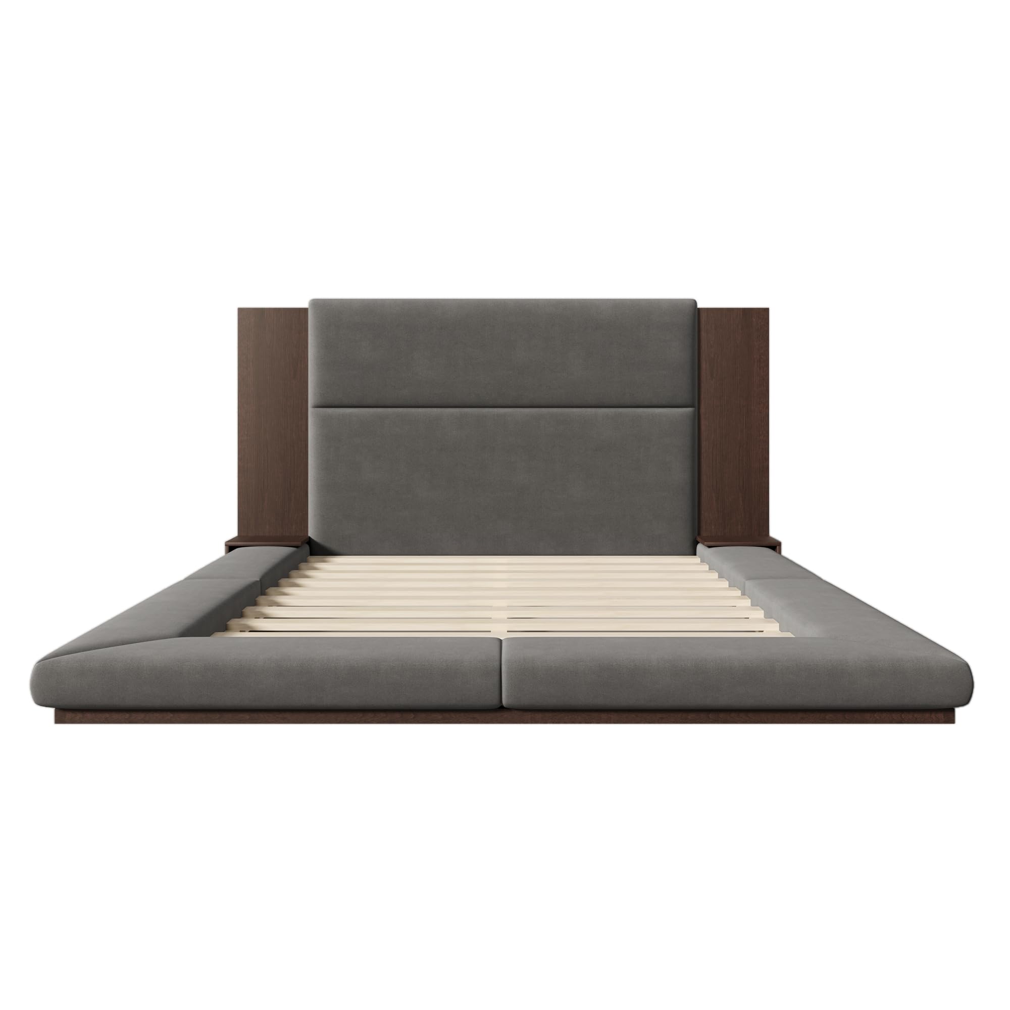 Velvet Floor Platform Bed Frame with Extended Headboard and Bedside Shelf