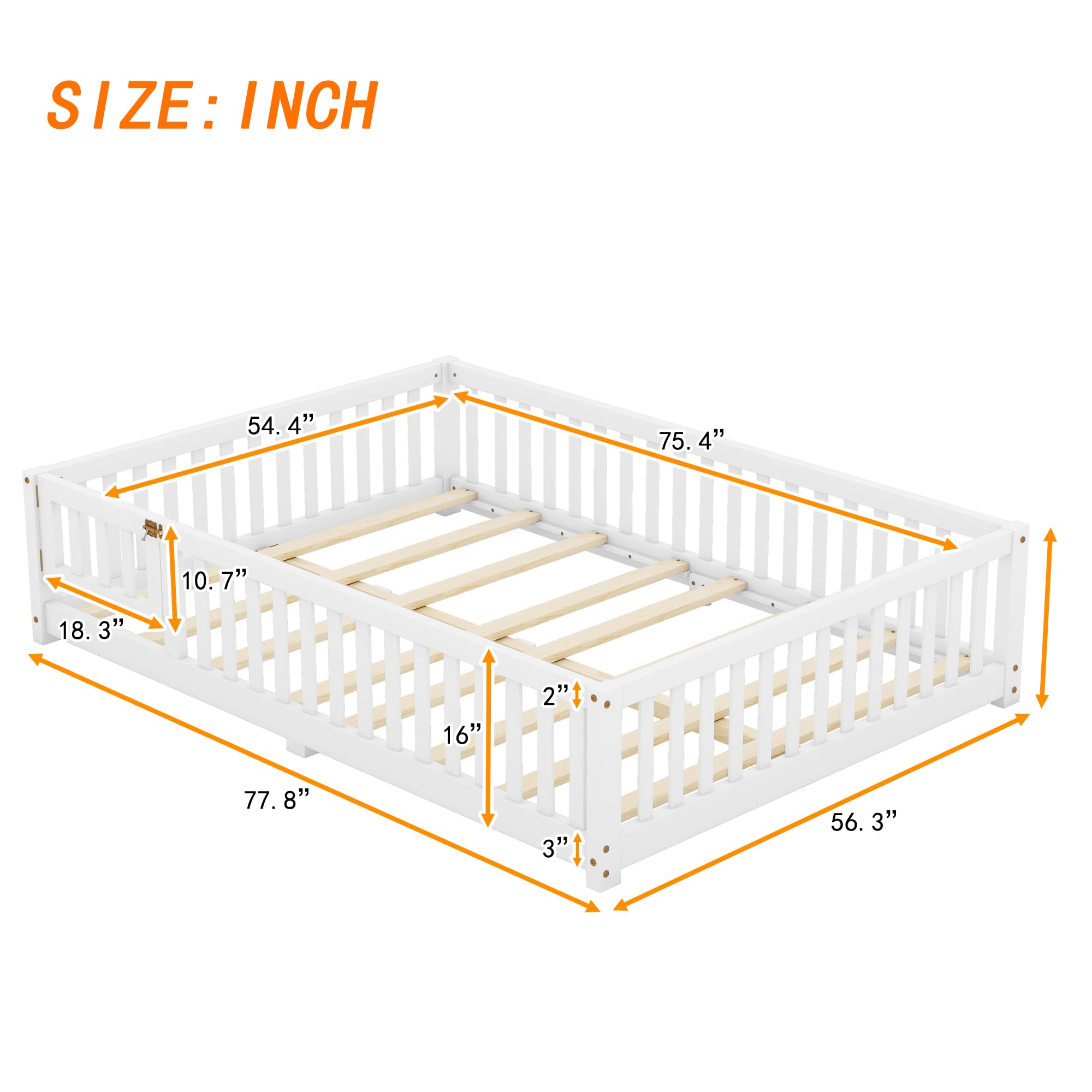 Full Size Montessori Floor Bed with Fence and Door