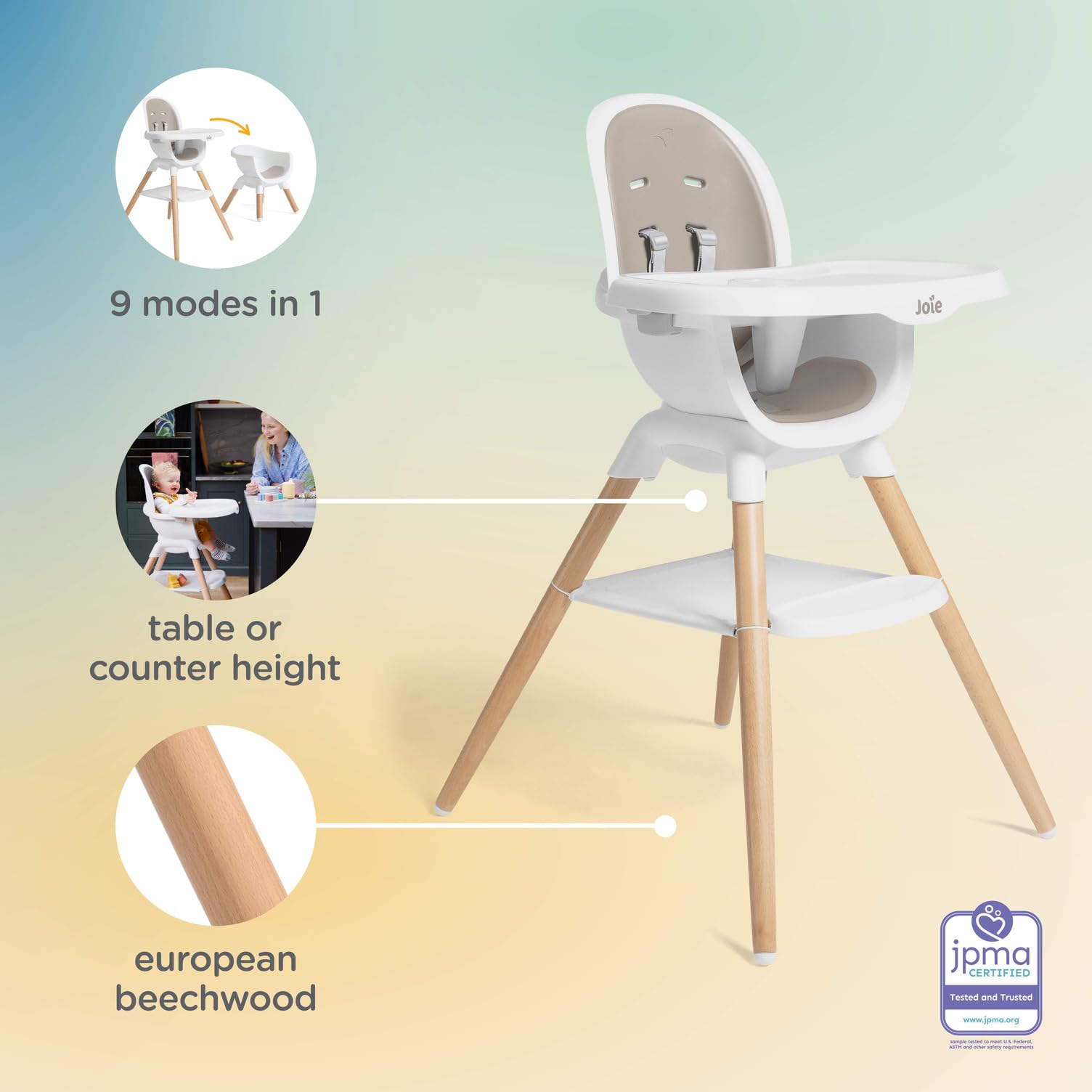 9-Mode Wooden High Chair with European Beech Wood