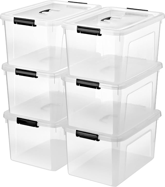 19 Quart Plastic Storage Bins with Lids, 6-Pack Stackable Clear Storage Organizing Box