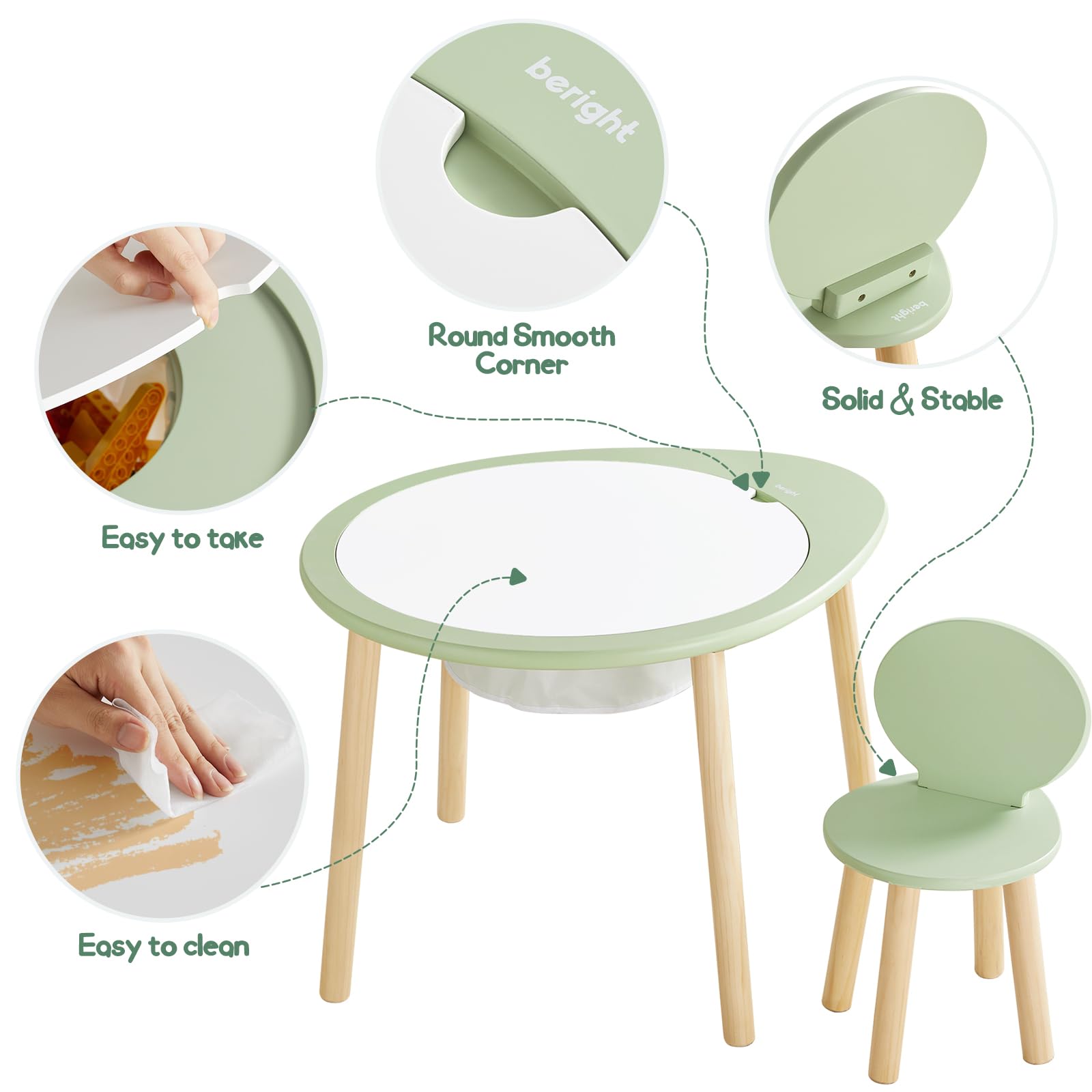 Kids Wooden Table and Chairs Set with Storage