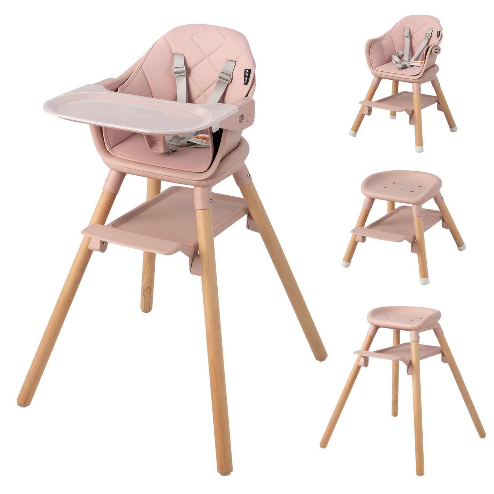 6-in-1 Convertible Wooden Baby High Chair with Adjustable Legs and Removable Tray