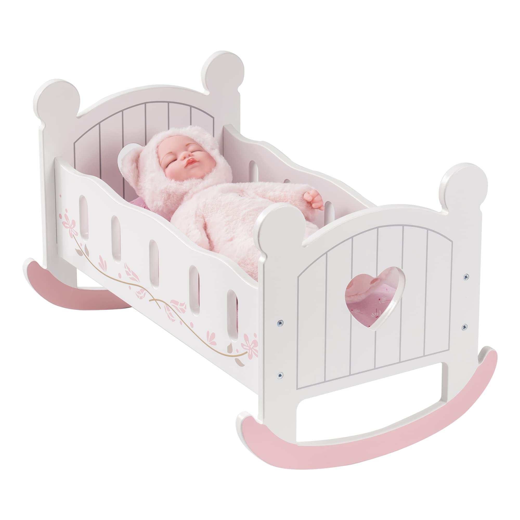 Wooden Doll Cradle Rocking Crib with Bedding Set