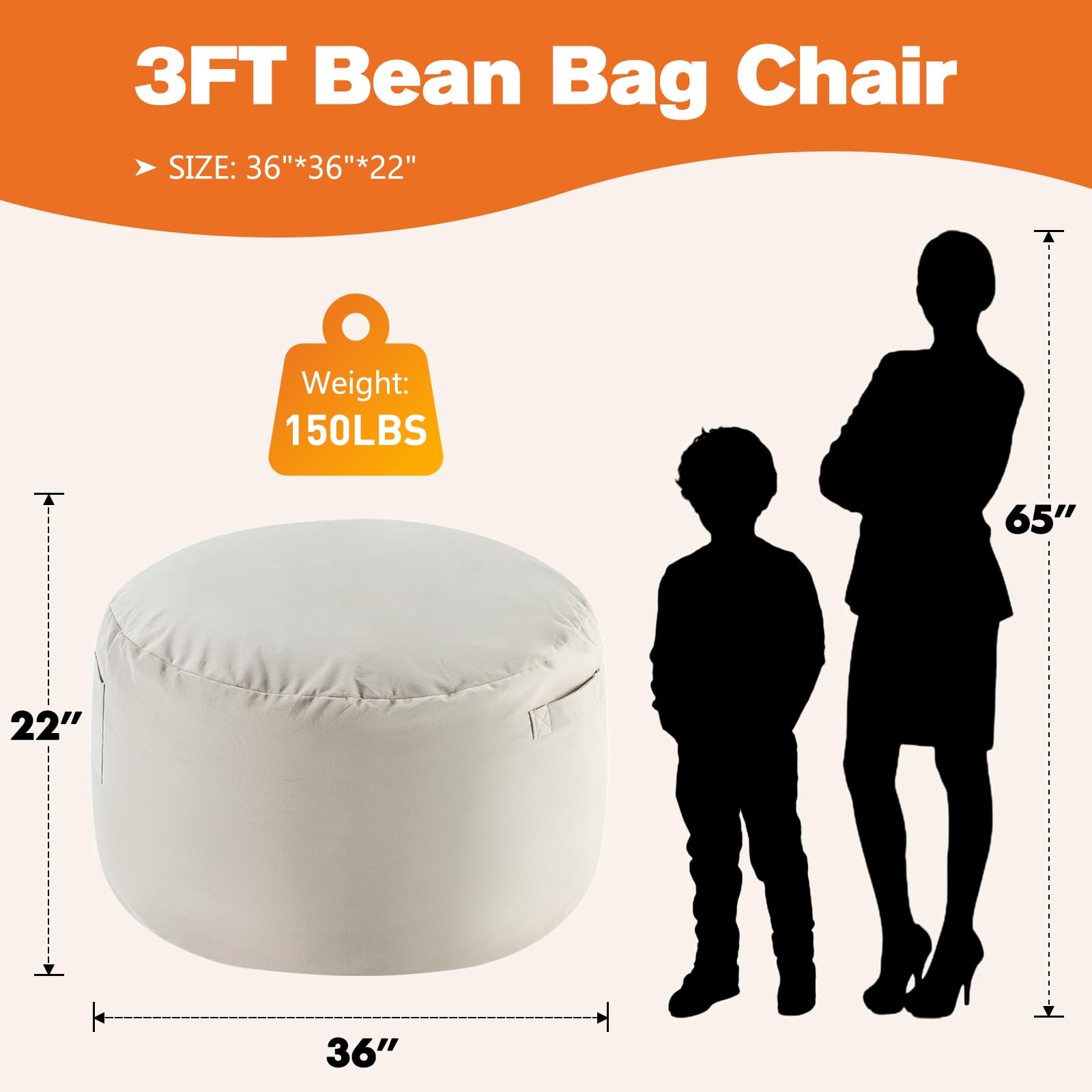 Bean Bag Chair with Memory Foam - 3 Feet Large Beanbag for Kids and Teens