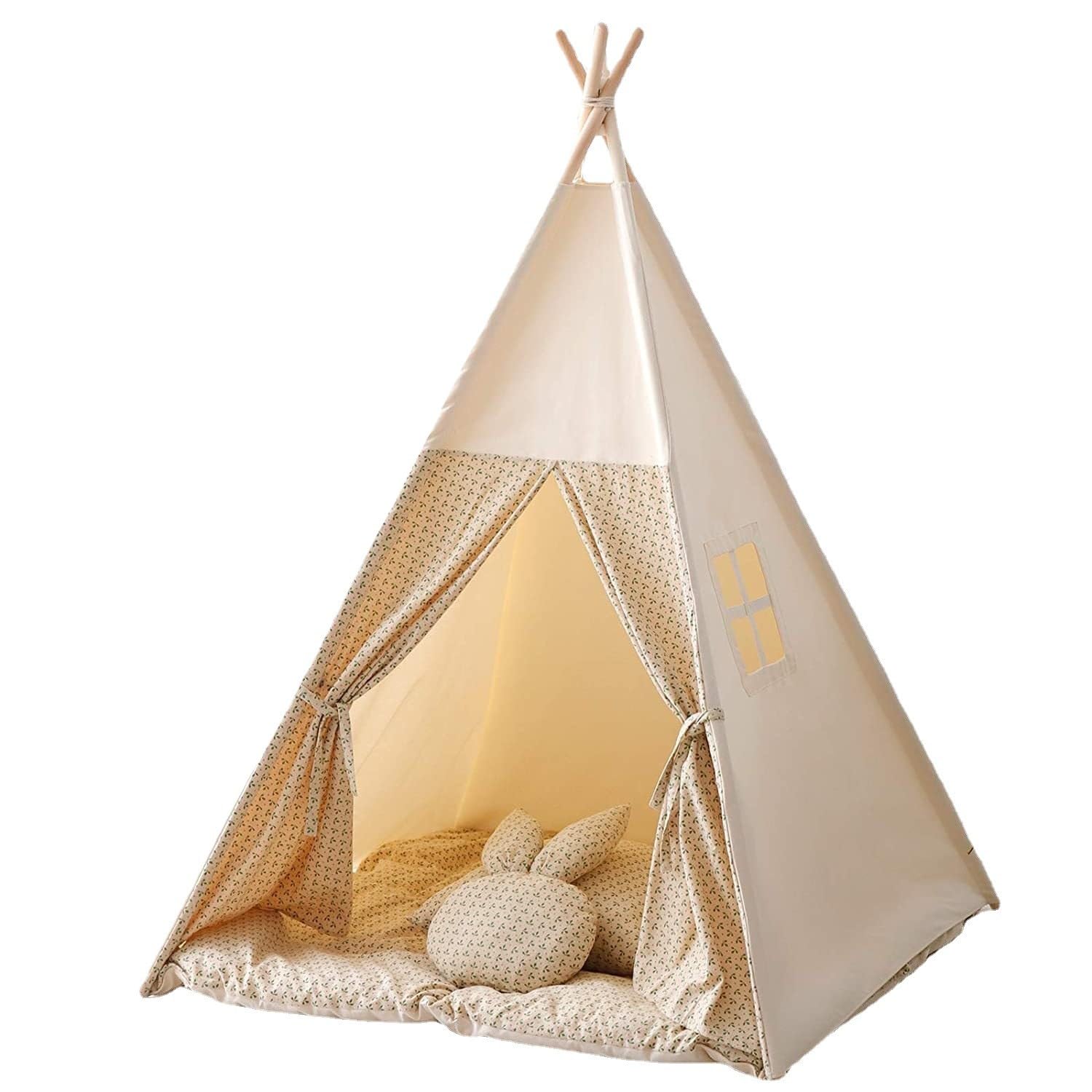TreeBud Teepee Tent for Kids with Mat,Foldable Play Tents for Girl and Boy with Carrybag,Canvas Tipi Playhouse for Children Indoor Outdoor(Beige & Mat)