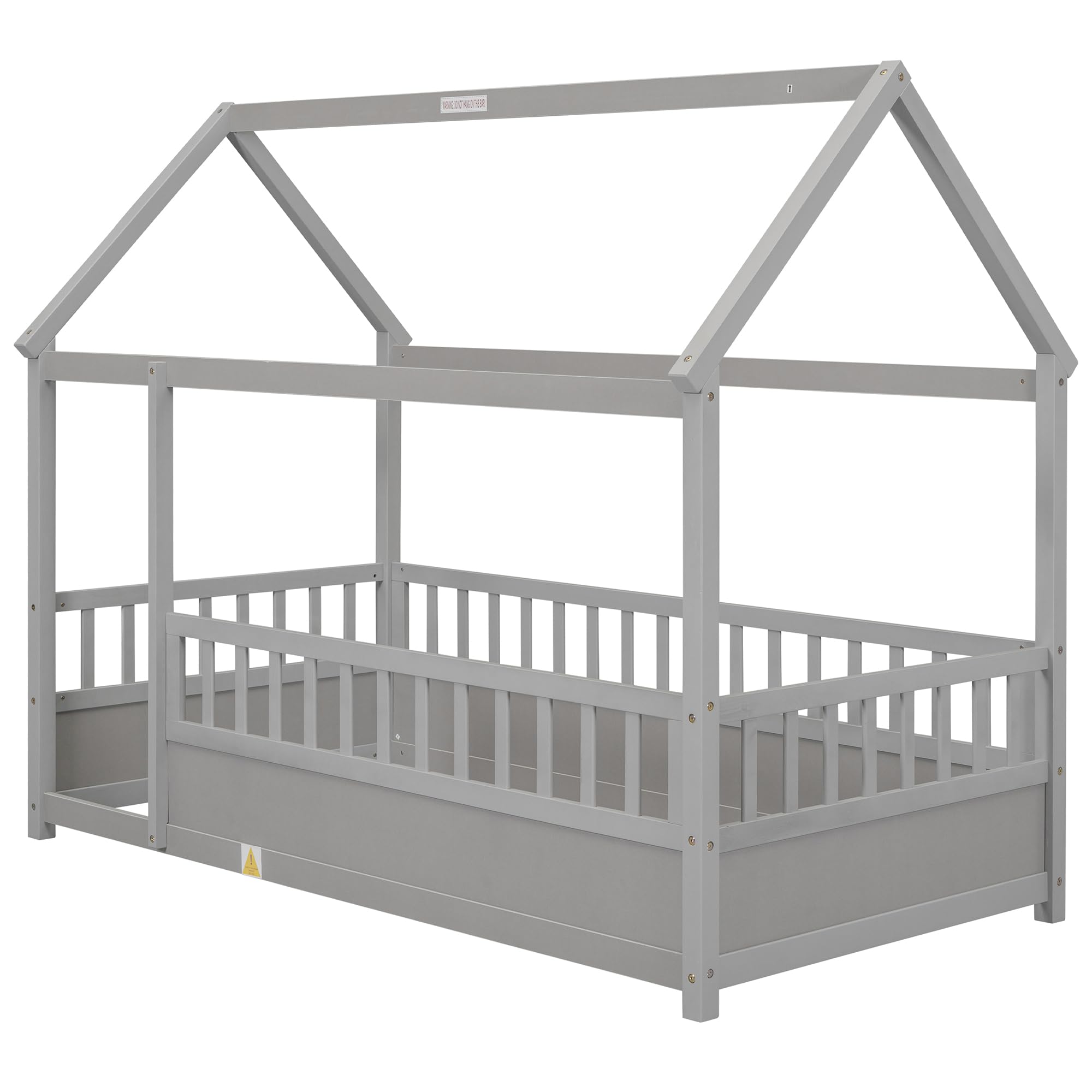 Kids Montessori Twin Size Floor Bed with High Fence, House Bed for Kids, Wooden, Gray