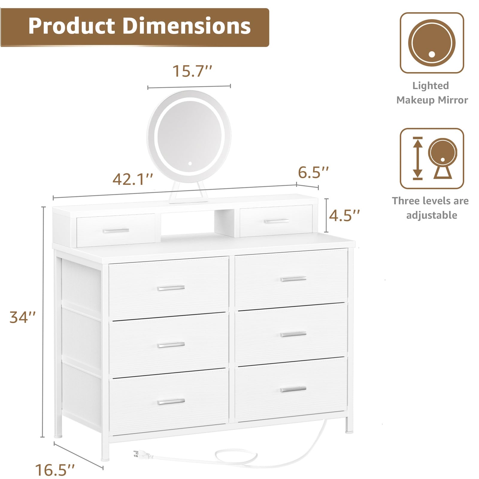 6 Drawer Fabric Dresser with Lighted Mirror and Charging Station