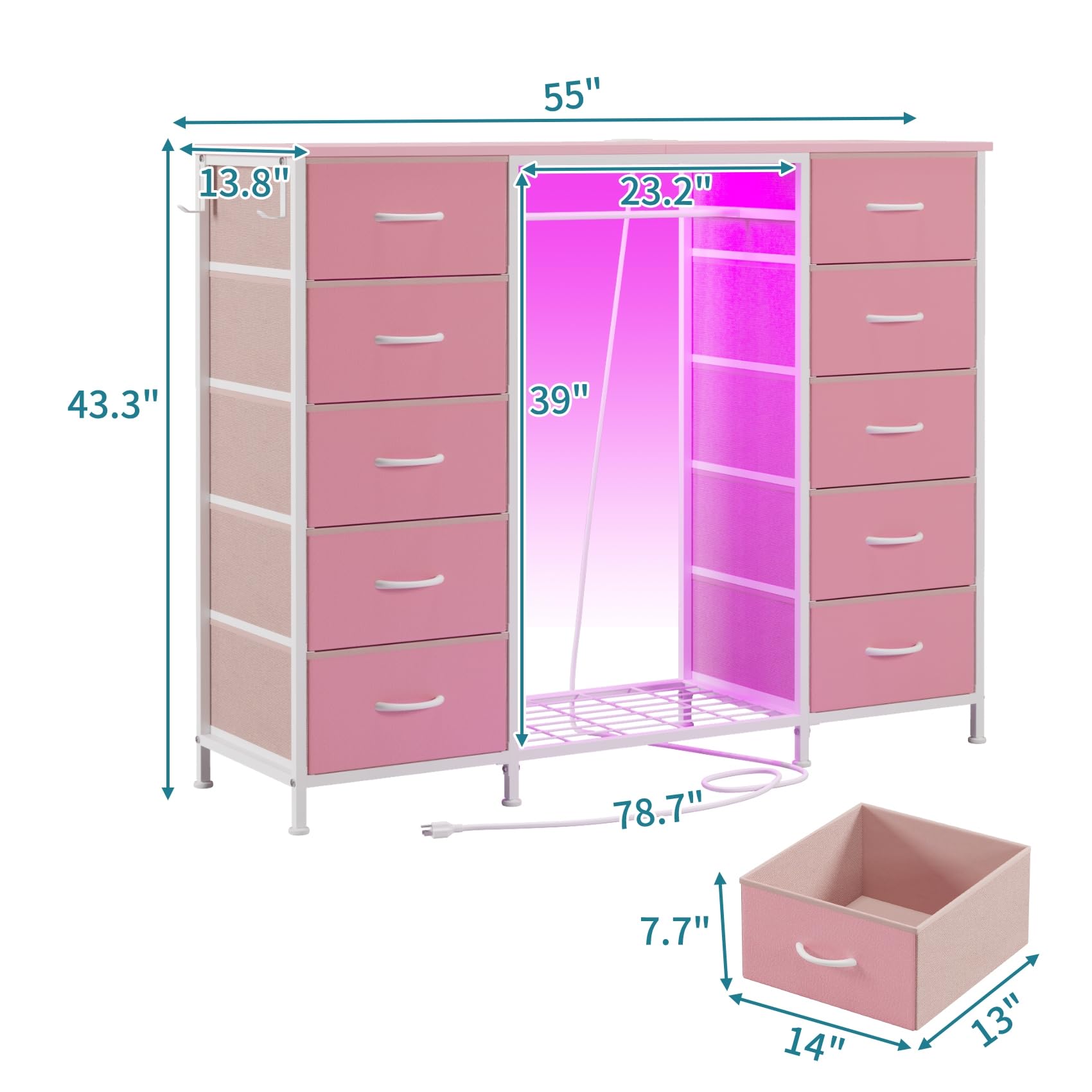 10 Drawer Dresser with Hanging Rack and LED Lights
