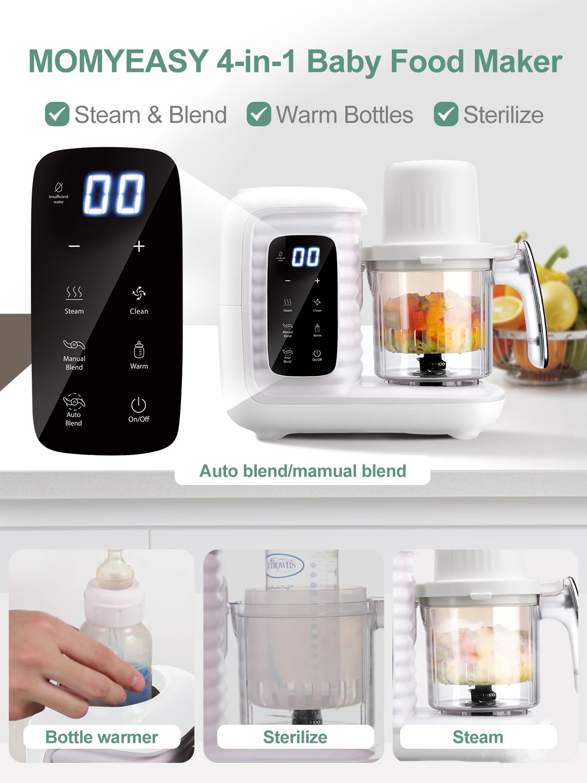 MOMYEASY Baby Food Maker, Multifunction Baby Food Processor Chopper Grinder, Baby Food Steamer and Puree Blender in-One, with Bottle Warmer, Auto Cooking & Grinding
