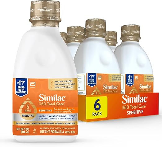 Similac 360 Total Care Sensitive Infant Formula for Fussiness & Gas Due to Lactose Sensitivity, Has 5 HMO Prebiotics, Non-GMO, Baby Formula, Ready to Feed, 8-fl-oz Bottle, Pack of 24
