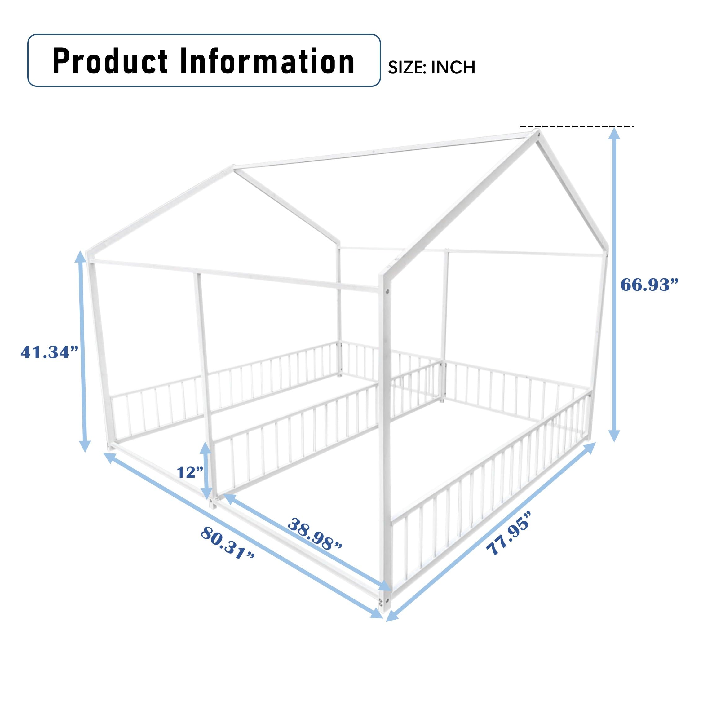Double Twin House Floor Bed with Fence and Roof