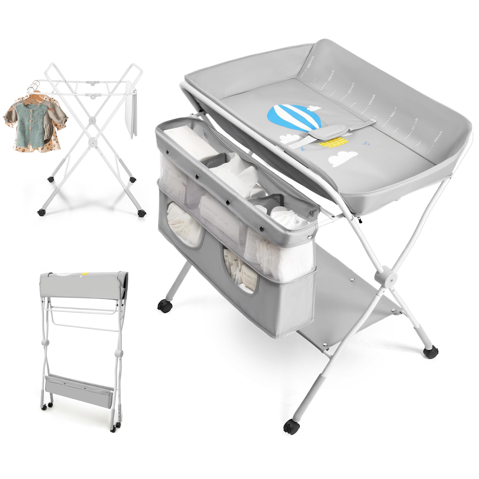 Portable Baby Changing Table with Wheels, 3-Level Adjustable Heights
