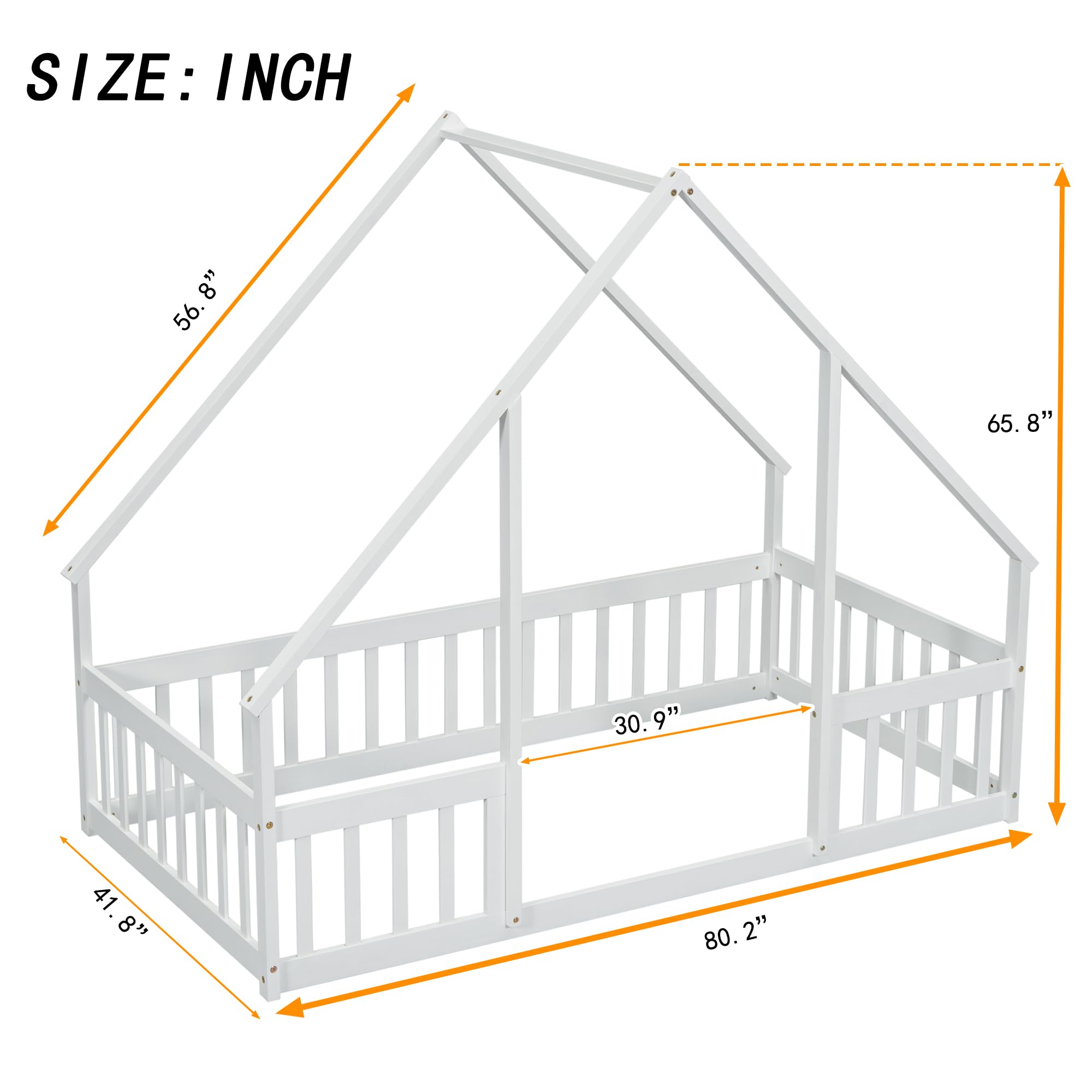 Twin Floor Bed for Kids with House Frame and Fence