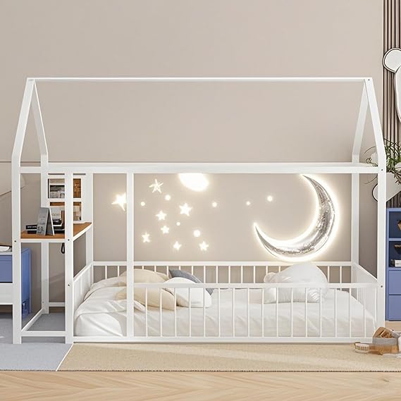 Full Size Metal House Bed, Kids Montessori Floor Bed with Desk