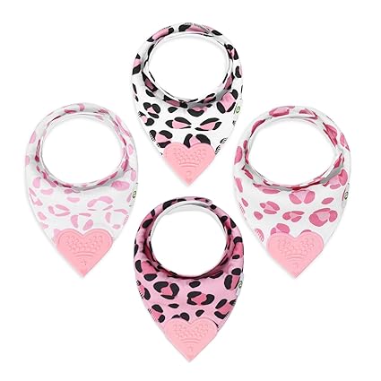 Baby Bandana Teething Bibs with Attached Silicone Teether - Set Of 4 -Solid Blues