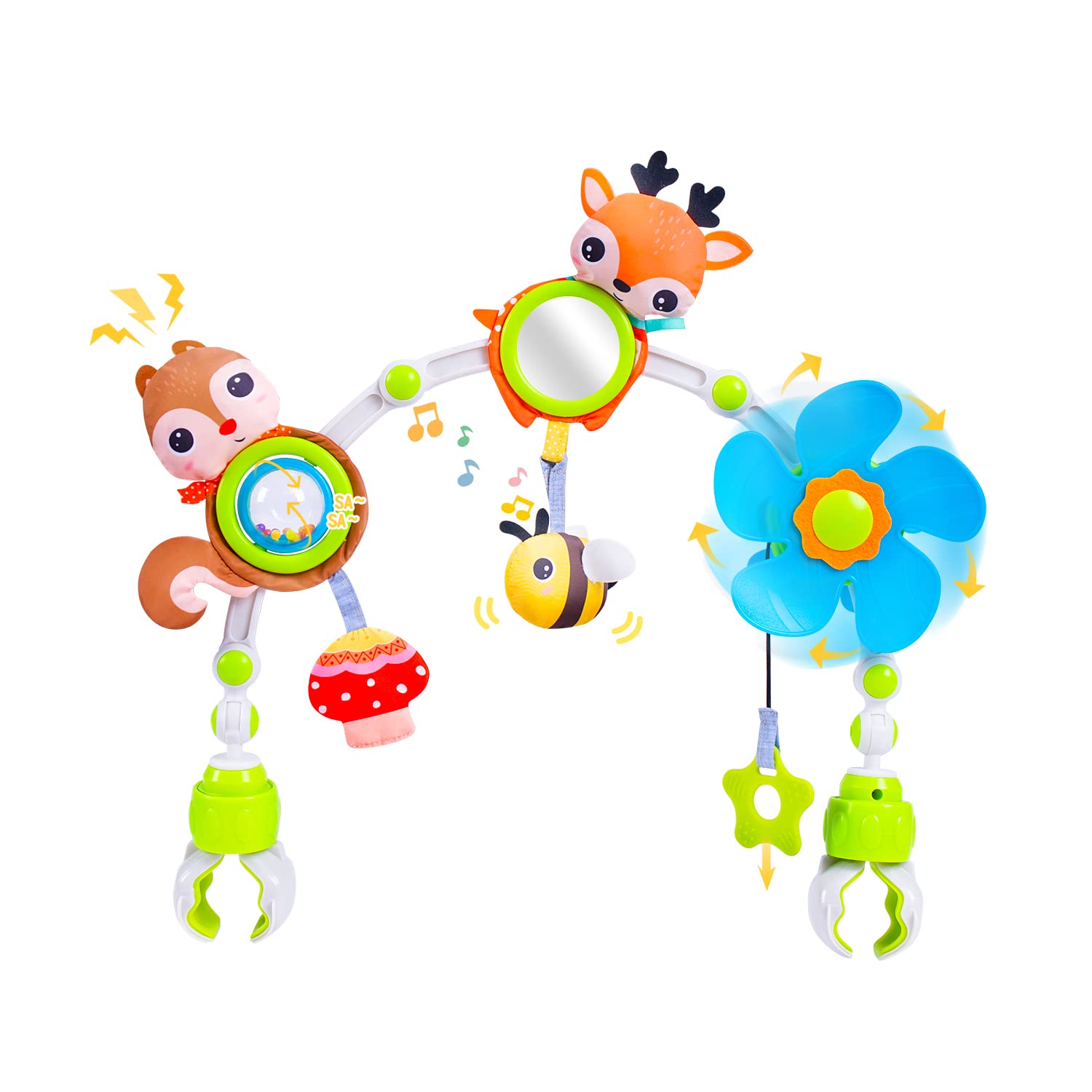 Baby Stroller Arch Toy with Teether, Rattle, Crinkle Sound, Mirror & Music Box