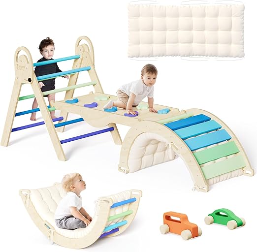 Pikler Triangle Set with Cushion, Montessori Climbing Set, Indoor Climb Toys