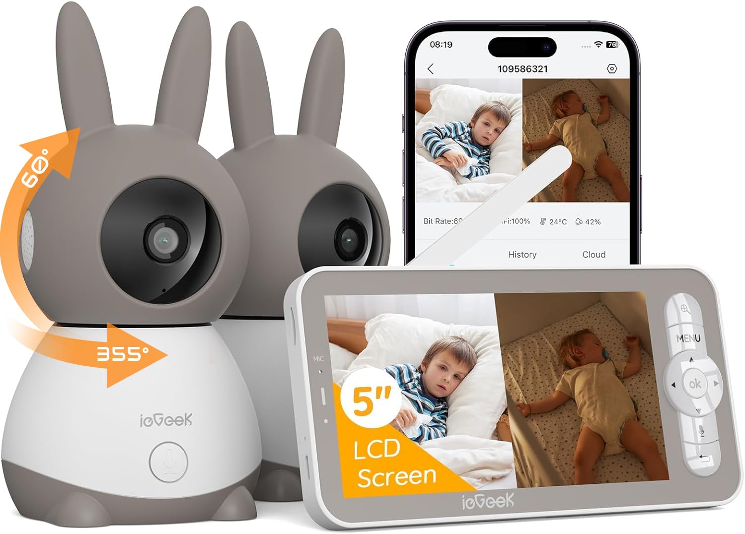 2K Split-Screen Baby Monitor, 5" Audio Baby Monitor with 2 Cameras