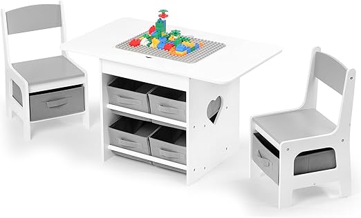 Kids Table and 2 Chairs Set 2-in-1 Plastic Building Blocks-Compatible Activity