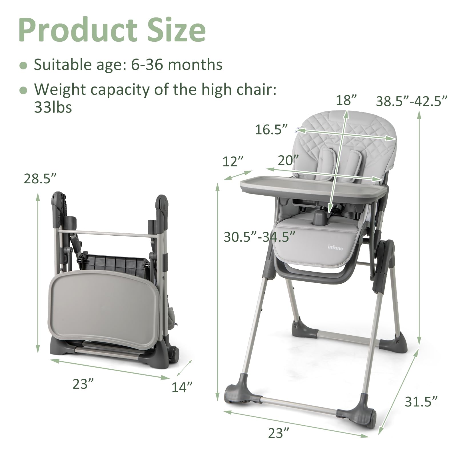 Convertible Folding Baby High Chair with Adjustable Height and Removable Tray