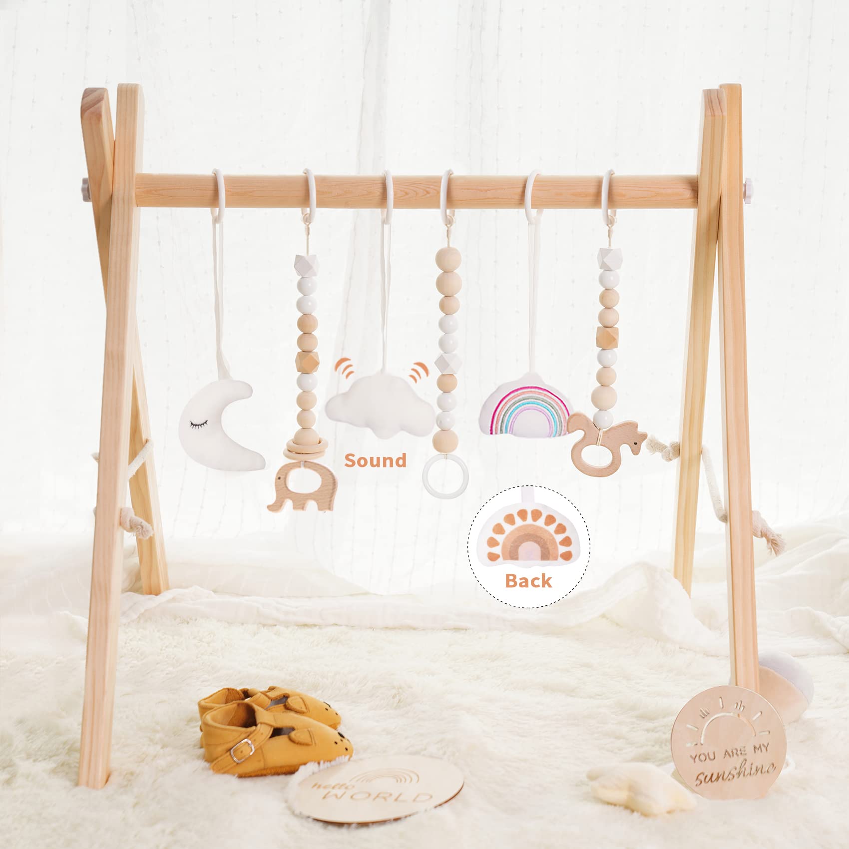 Foldable Wooden Play Gym with 6 Toys - Infant Activity Gym for Baby Girls and Boys