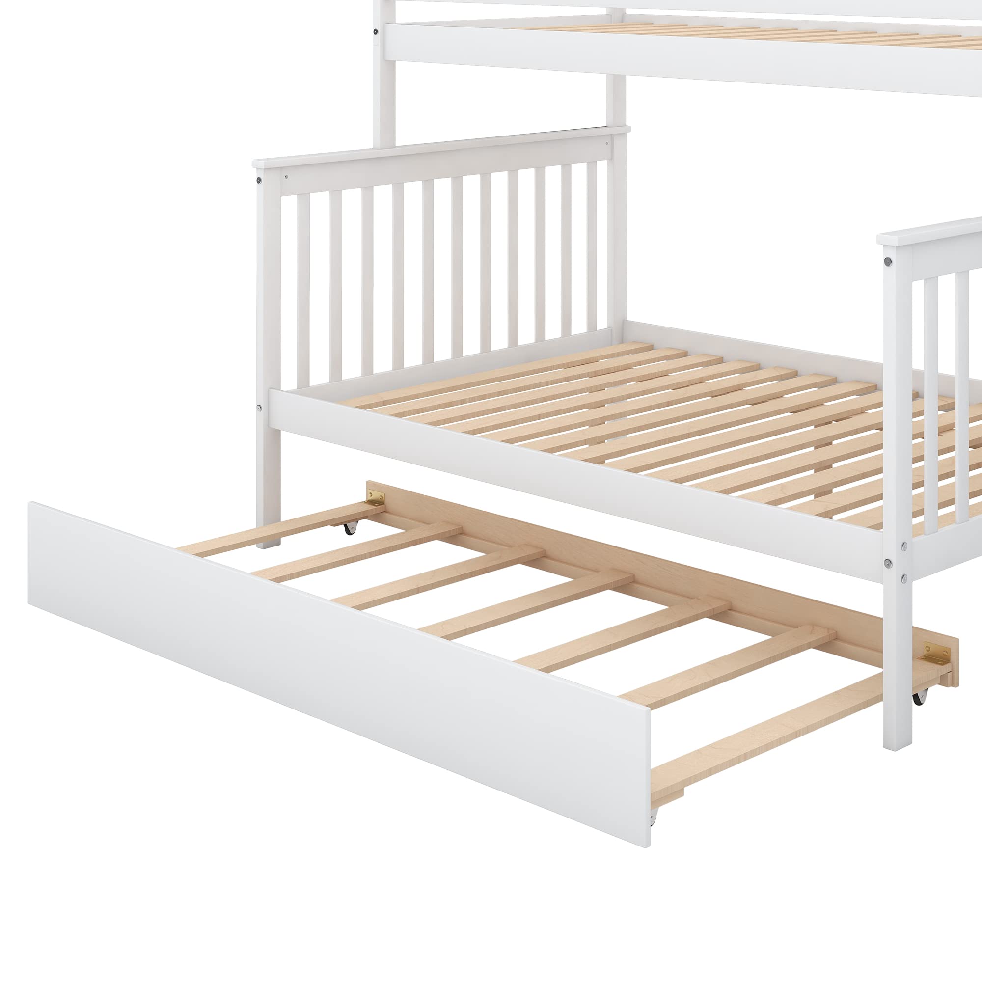 Twin Over Full Bunk Bed with Trundle and Staircase, Bedroom/Guest Room Furniture, Space-Saving Design,White